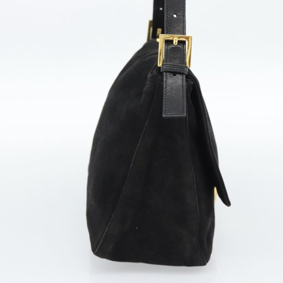 FENDI Mamma Baguette Shoulder Bag Suede Black Gold Auth 187561SAM