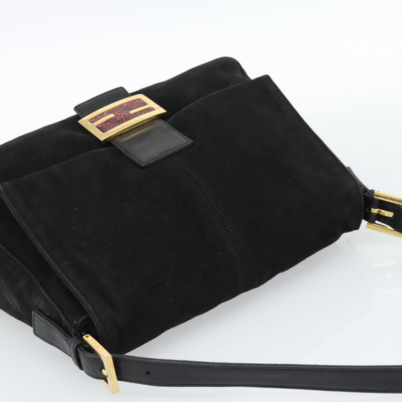 FENDI Mamma Baguette Shoulder Bag Suede Black Gold Auth 187561SAM