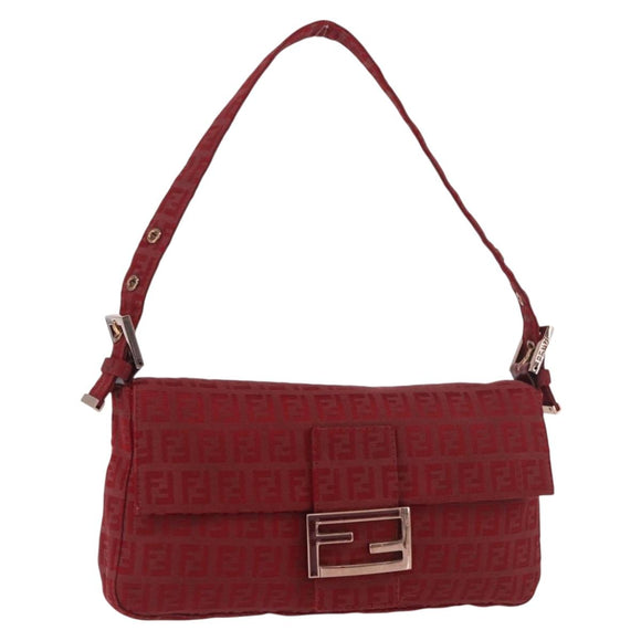 FENDI Zucchino Canvas Mamma Baguette Shoulder Bag Red Gold Auth 187576SAM