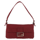 FENDI Zucchino Canvas Mamma Baguette Shoulder Bag Red Gold Auth 187576SAM-13