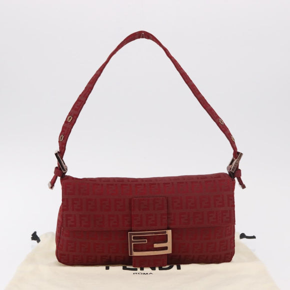 FENDI Zucchino Canvas Mamma Baguette Shoulder Bag Red Gold Auth 187576SAM