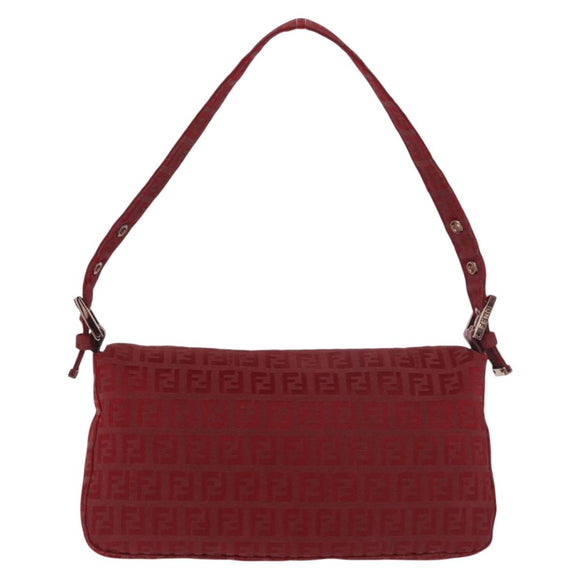FENDI Zucchino Canvas Mamma Baguette Shoulder Bag Red Gold Auth 187576SAM