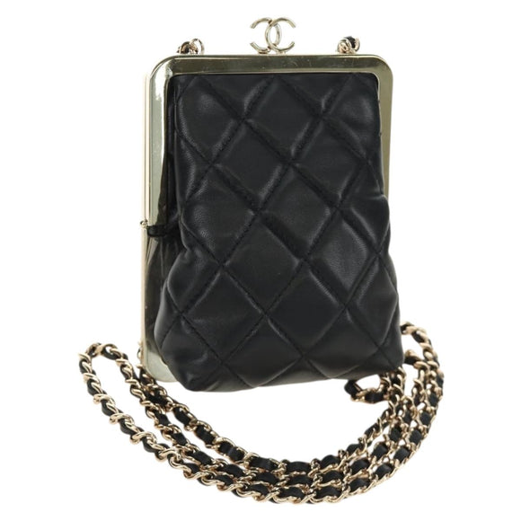 CHANEL Chain Matelasse Shoulder Bag Lamb Skin Black Gold CC Auth 187603SAM