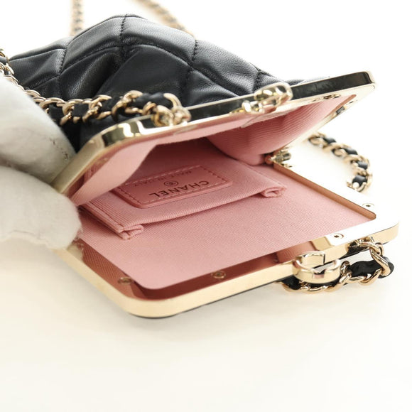 CHANEL Chain Matelasse Shoulder Bag Lamb Skin Black Gold CC Auth 187603SAM