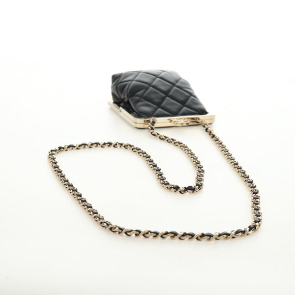 CHANEL Chain Matelasse Shoulder Bag Lamb Skin Black Gold CC Auth 187603SAM