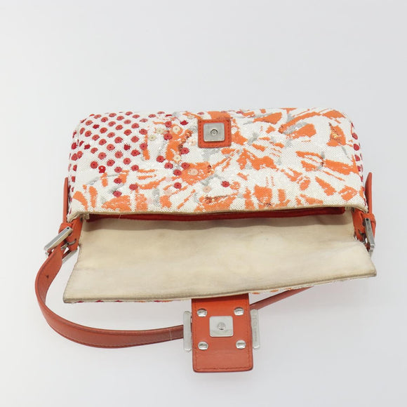 FENDI Mamma Baguette Shoulder Bag Canvas Sequins Orange Silver Auth 187605SM