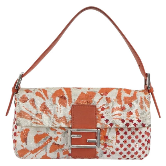 FENDI Mamma Baguette Shoulder Bag Canvas Sequins Orange Silver Auth 187605SM