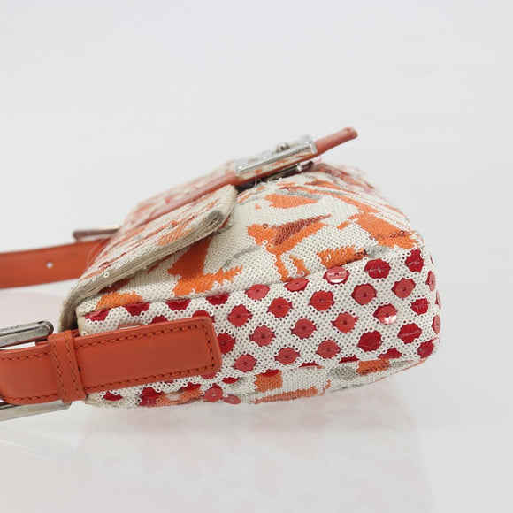 FENDI Mamma Baguette Shoulder Bag Canvas Sequins Orange Silver Auth 187605SM
