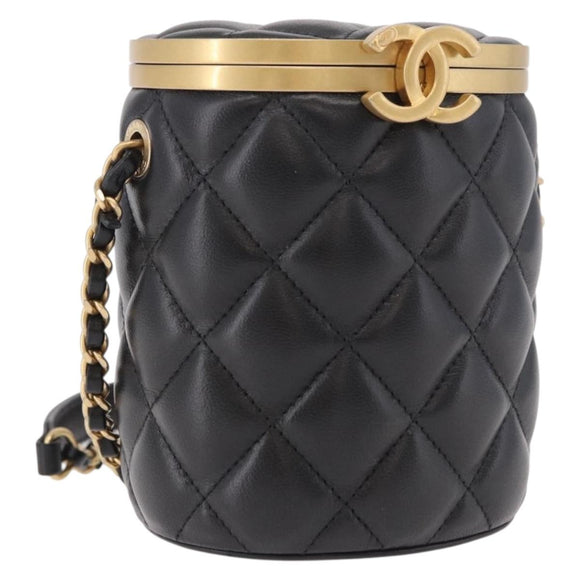 CHANEL Matelasse Chain Vanity Bag Lamb Skin Black Gold CC Auth 187609SAM