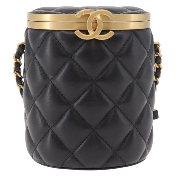 CHANEL Matelasse Chain Vanity Bag Lamb Skin Black Gold CC Auth 187609SAM