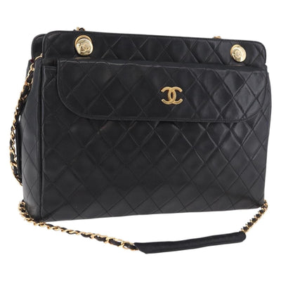 CHANEL Matelasse Chain Tote Bag Lamb Skin Black Gold CC Auth 187613