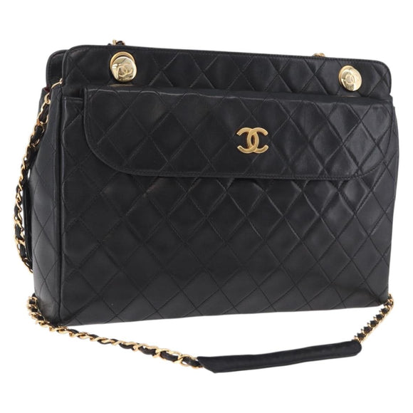CHANEL Matelasse Chain Tote Bag Lamb Skin Black Gold CC Auth 187613