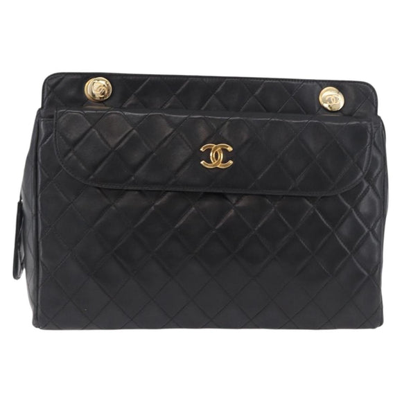 CHANEL Matelasse Chain Tote Bag Lamb Skin Black Gold CC Auth 187613
