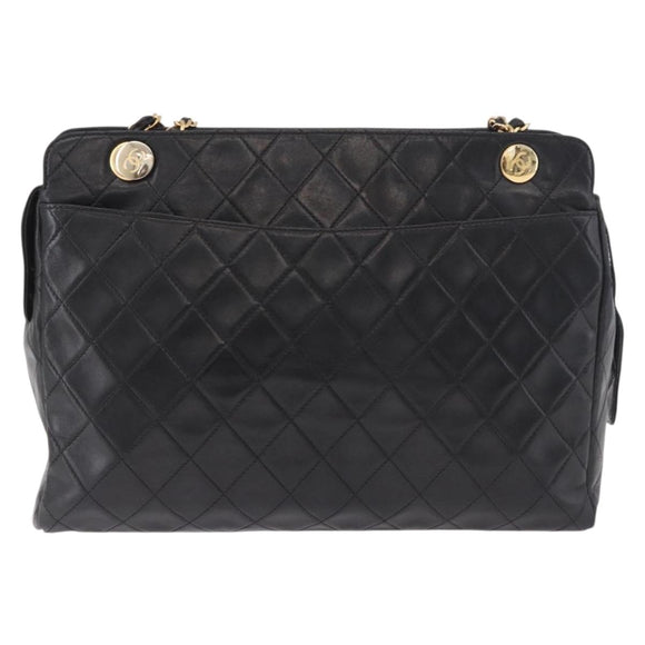 CHANEL Matelasse Chain Tote Bag Lamb Skin Black Gold CC Auth 187613