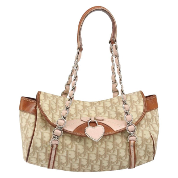 Christian Dior Trotter Canvas Romantic Bag PVC Beige Silver Auth 187615A