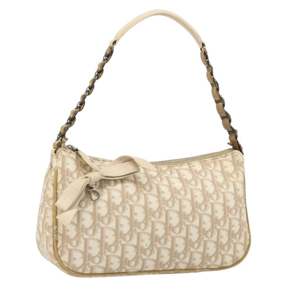 Christian Dior Trotter Canvas Romantic Shoulder Bag PVC Beige Silver Auth 187624