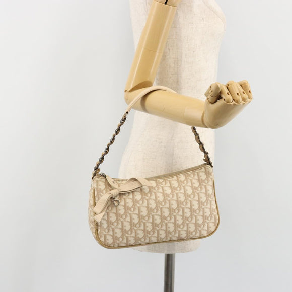 Christian Dior Trotter Canvas Romantic Shoulder Bag PVC Beige Silver Auth 187624