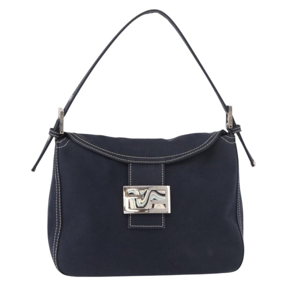 FENDI Mamma Baguette Shoulder Bag Canvas Navy Silver Auth 187625V
