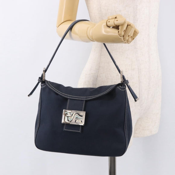 FENDI Mamma Baguette Shoulder Bag Canvas Navy Silver Auth 187625V
