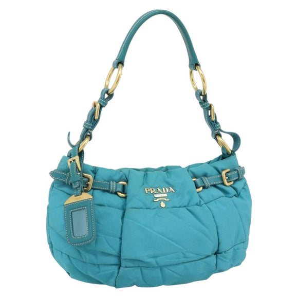 PRADA Shoulder Bag Nylon Blue Gold Auth 187632A