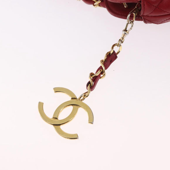 CHANEL Matelasse Chain Shoulder Bag Lamb Skin Red Gold CC Auth 187646
