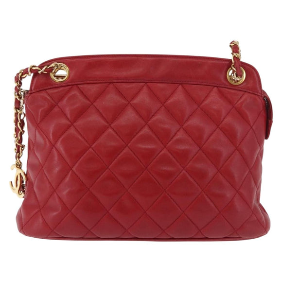 CHANEL Matelasse Chain Shoulder Bag Lamb Skin Red Gold CC Auth 187646