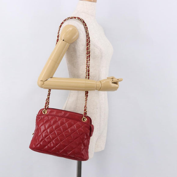 CHANEL Matelasse Chain Shoulder Bag Lamb Skin Red Gold CC Auth 187646