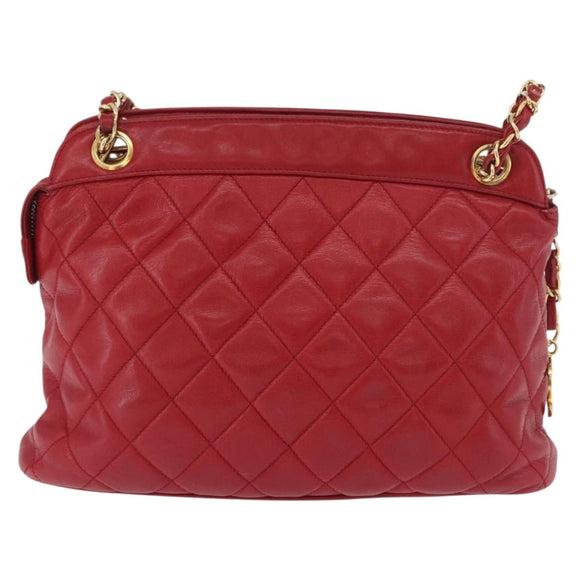CHANEL Matelasse Chain Shoulder Bag Lamb Skin Red Gold CC Auth 187646