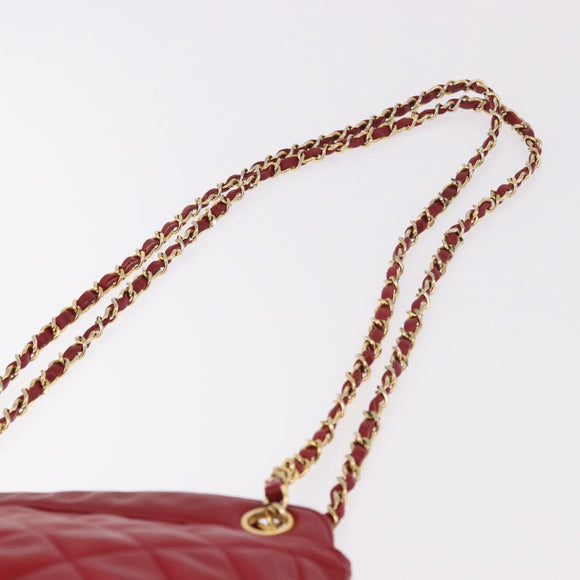CHANEL Matelasse Chain Shoulder Bag Lamb Skin Red Gold CC Auth 187646