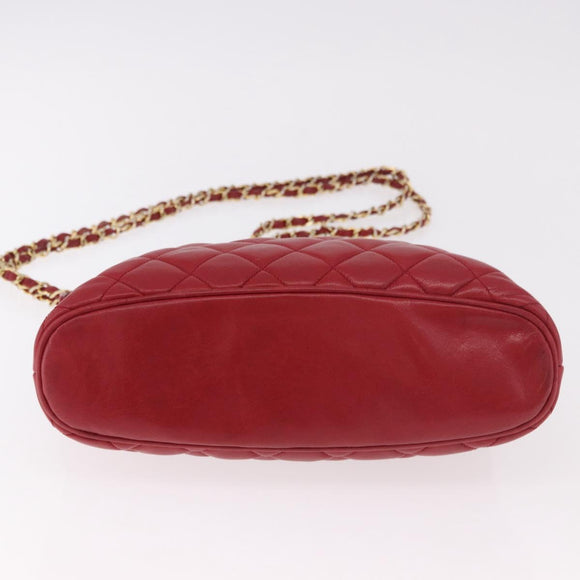 CHANEL Matelasse Chain Shoulder Bag Lamb Skin Red Gold CC Auth 187646