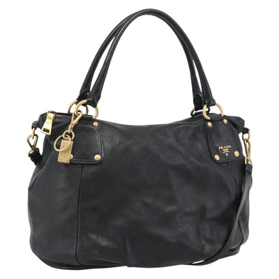 PRADA Tote Bag Leather 2way Black Gold Auth 187654