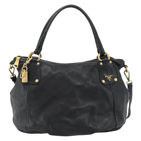 PRADA Tote Bag Leather 2way Black Gold Auth 187654
