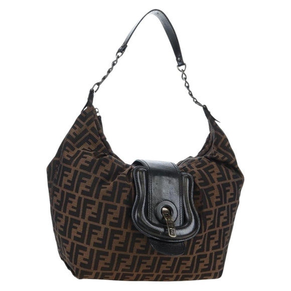 FENDI Zucca Canvas Chain Shoulder Bag Black Brown Auth 187655V