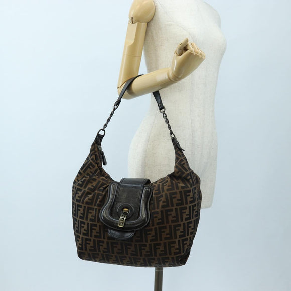 FENDI Zucca Canvas Chain Shoulder Bag Black Brown Auth 187655V