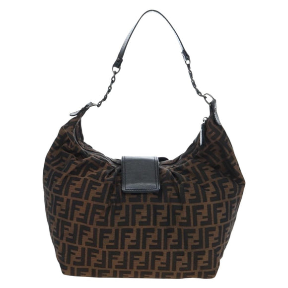 FENDI Zucca Canvas Chain Shoulder Bag Black Brown Auth 187655V