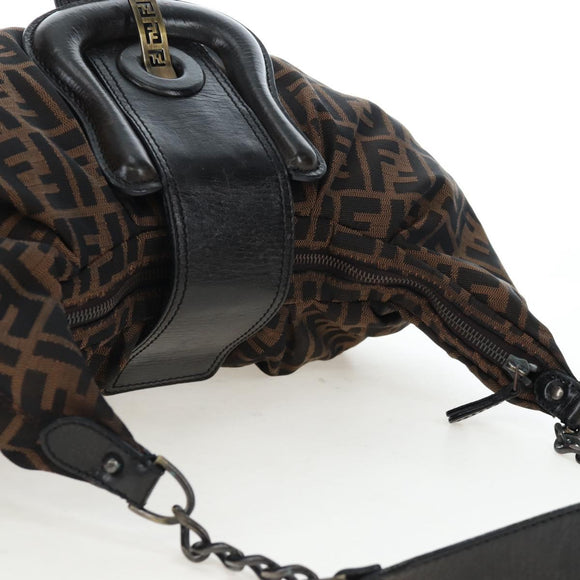 FENDI Zucca Canvas Chain Shoulder Bag Black Brown Auth 187655V