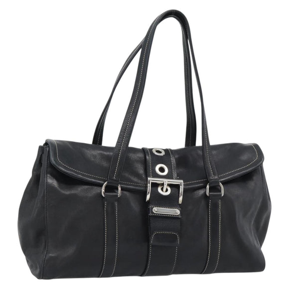 PRADA Tote Bag Leather Black Silver Auth 187659V