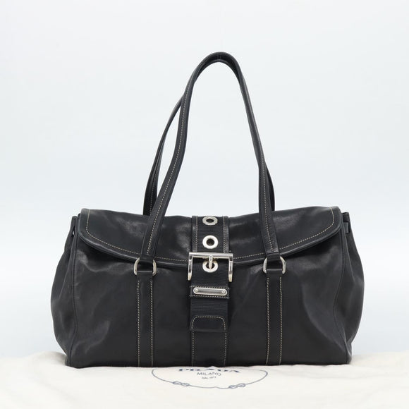 PRADA Tote Bag Leather Black Silver Auth 187659V