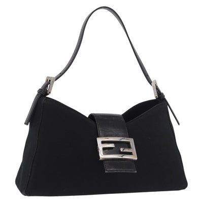 FENDI Mamma Baguette Shoulder Bag Satin Black Silver Auth 187660