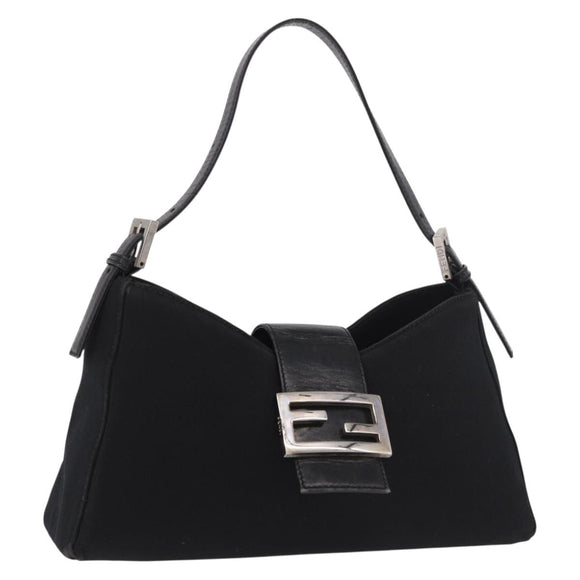 FENDI Mamma Baguette Shoulder Bag Satin Black Silver Auth 187660