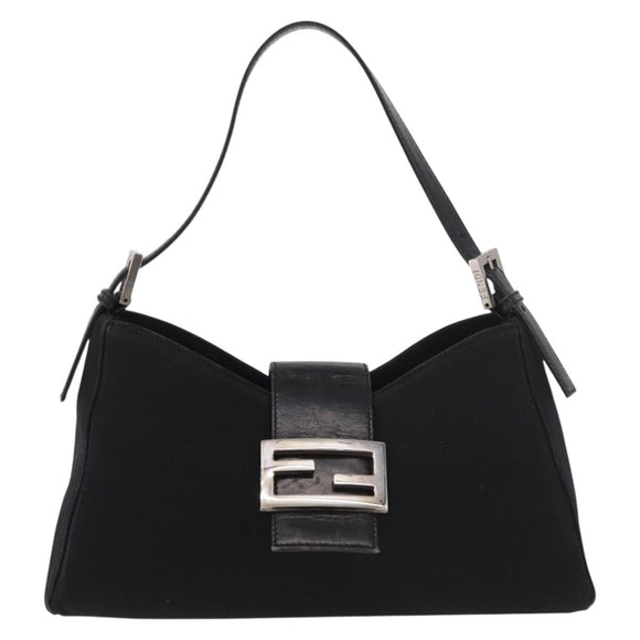 FENDI Mamma Baguette Shoulder Bag Satin Black Silver Auth 187660
