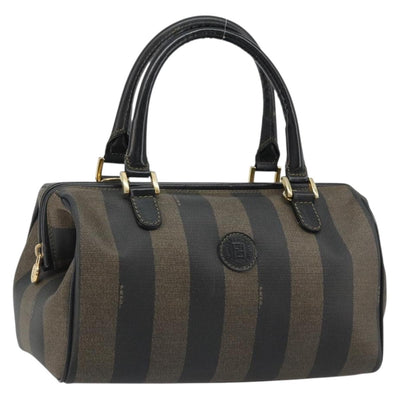 FENDI Pecan Canvas Boston Bag PVC Black Brown gold Auth 187684V