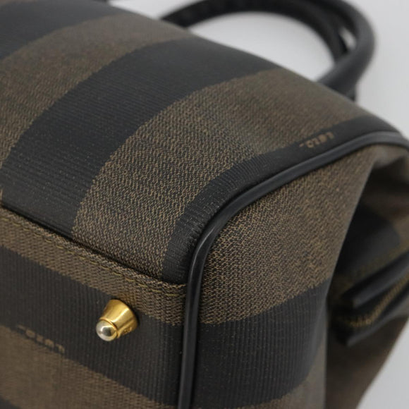 FENDI Pecan Canvas Boston Bag PVC Black Brown gold Auth 187684V