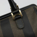 FENDI Pecan Canvas Boston Bag PVC Black Brown gold Auth 187684V-17