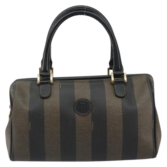 FENDI Pecan Canvas Boston Bag PVC Black Brown gold Auth 187684V