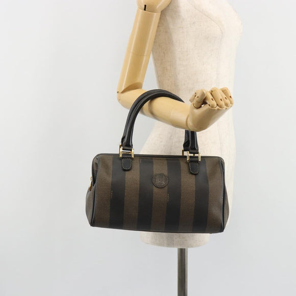 FENDI Pecan Canvas Boston Bag PVC Black Brown gold Auth 187684V