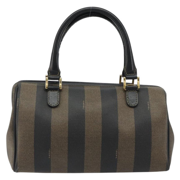 FENDI Pecan Canvas Boston Bag PVC Black Brown gold Auth 187684V