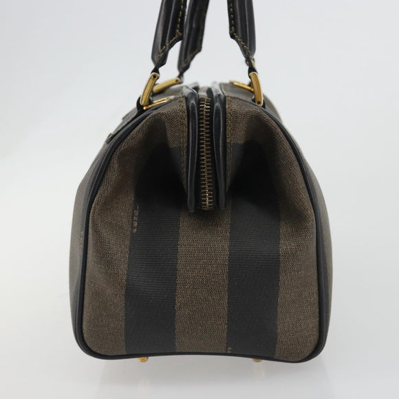 FENDI Pecan Canvas Boston Bag PVC Black Brown gold Auth 187684V