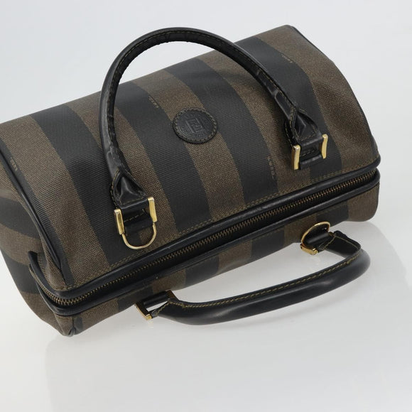 FENDI Pecan Canvas Boston Bag PVC Black Brown gold Auth 187684V