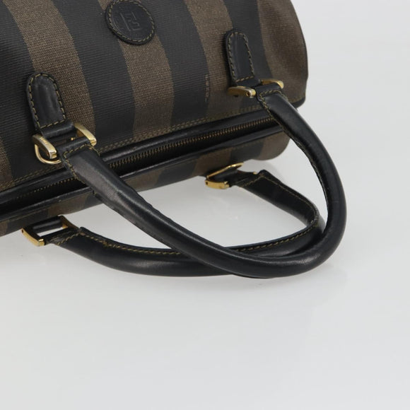 FENDI Pecan Canvas Boston Bag PVC Black Brown gold Auth 187684V